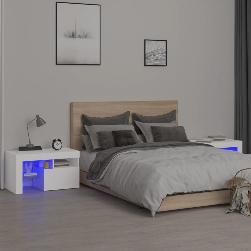 Naktinės spintelės su LED, 2vnt., baltos, 70x36,5x40cm