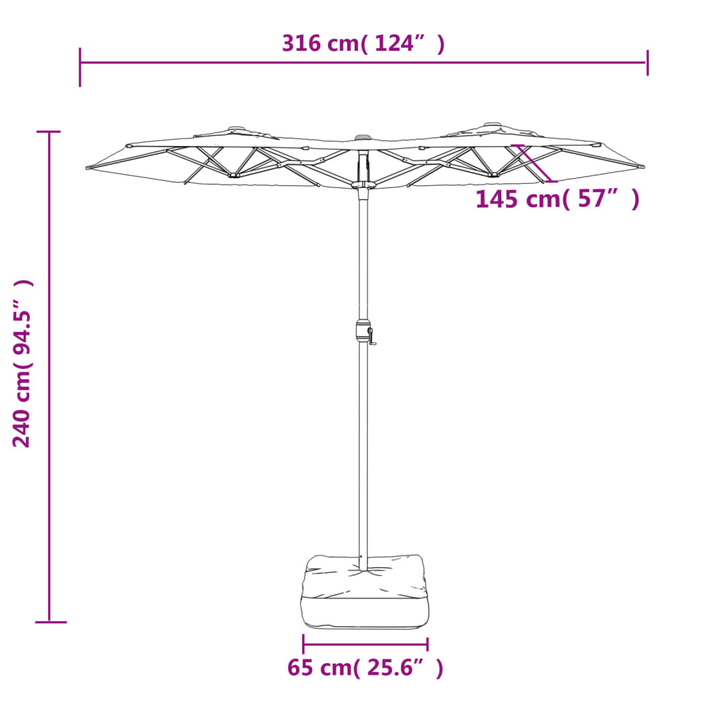 Dvigubas sodo skėtis nuo saulės su LED, 316x145cm