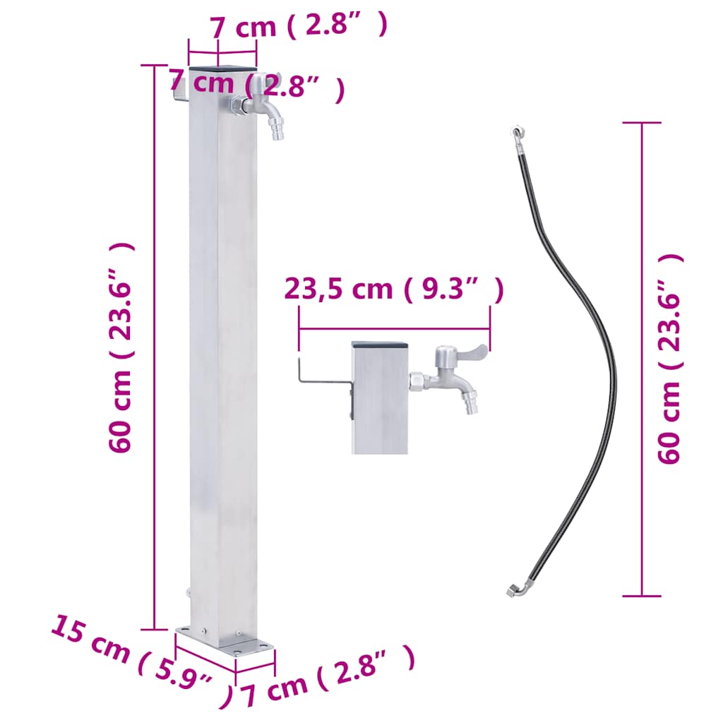Vandens kolonėlė sodui, 60cm, nerūdijantis plienas, kvadratinė