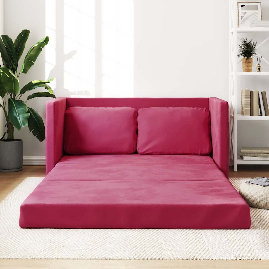 Grindų sofa-lova, 2-1, raudonojo vyno, 122x204x55cm, aksomas