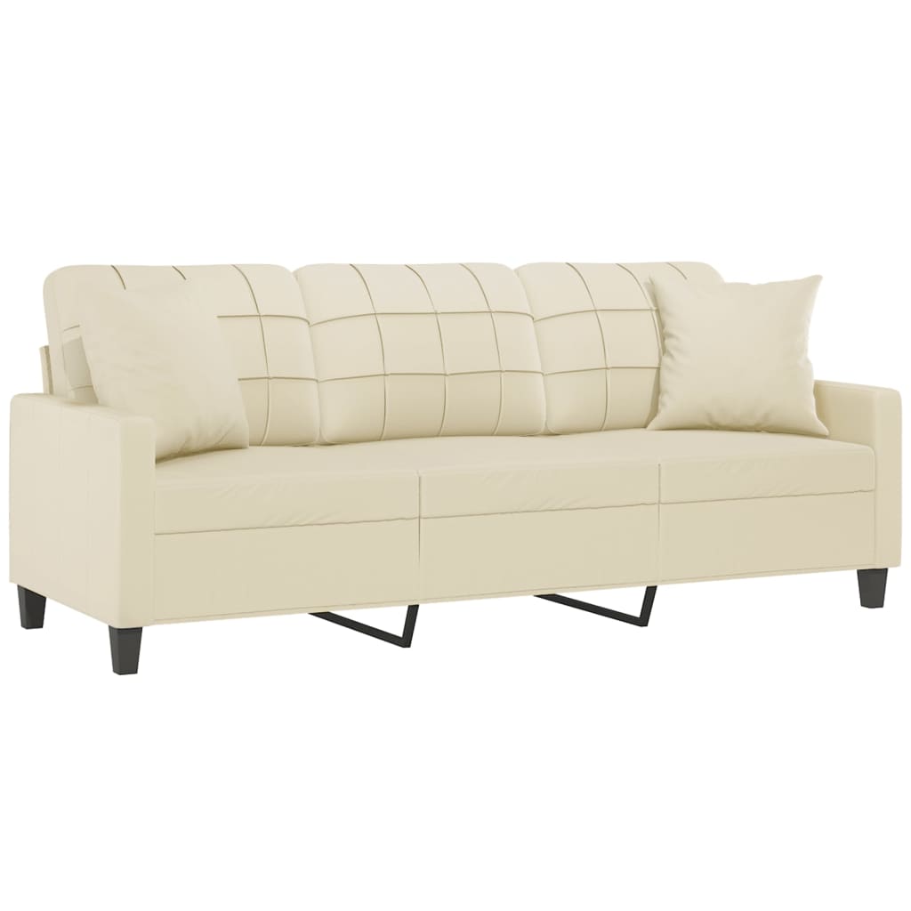 Trivietė sofa su pagalvėlėmis, kreminė, 180cm, dirbtinė oda
