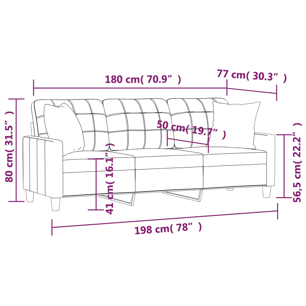 Trivietė sofa su pagalvėlėmis, kreminė, 180cm, dirbtinė oda