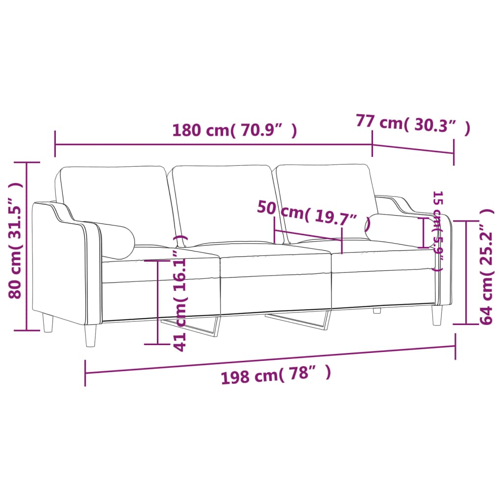 Trivietė sofa su pagalvėlėmis, taupe spalvos, 180cm, audinys