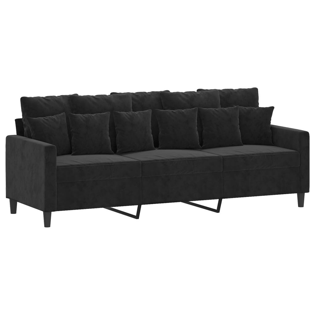 Trivietė sofa su pakoja, juodos spalvos, 180cm, aksomas