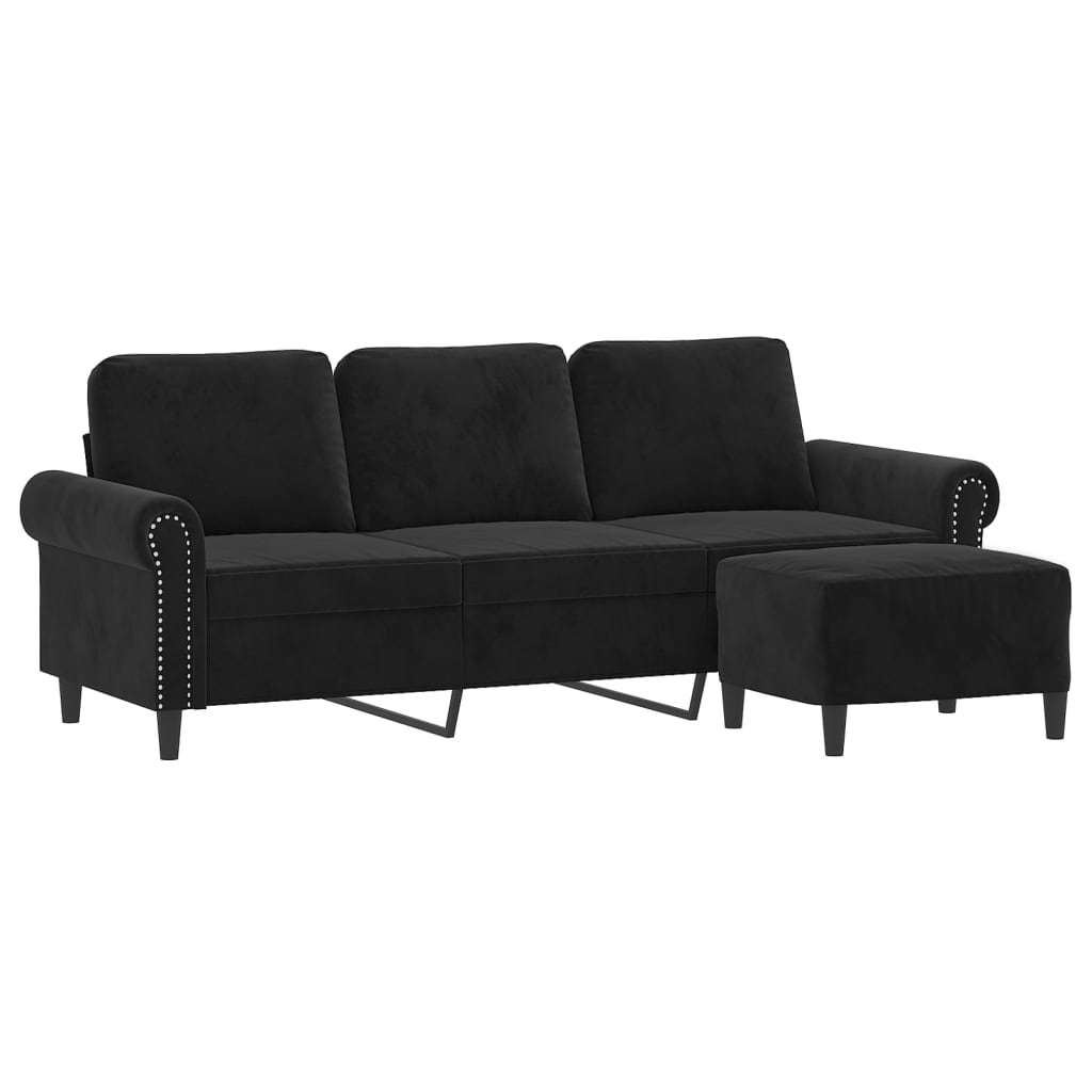 Trivietė sofa su pakoja, juodos spalvos, 180cm, aksomas