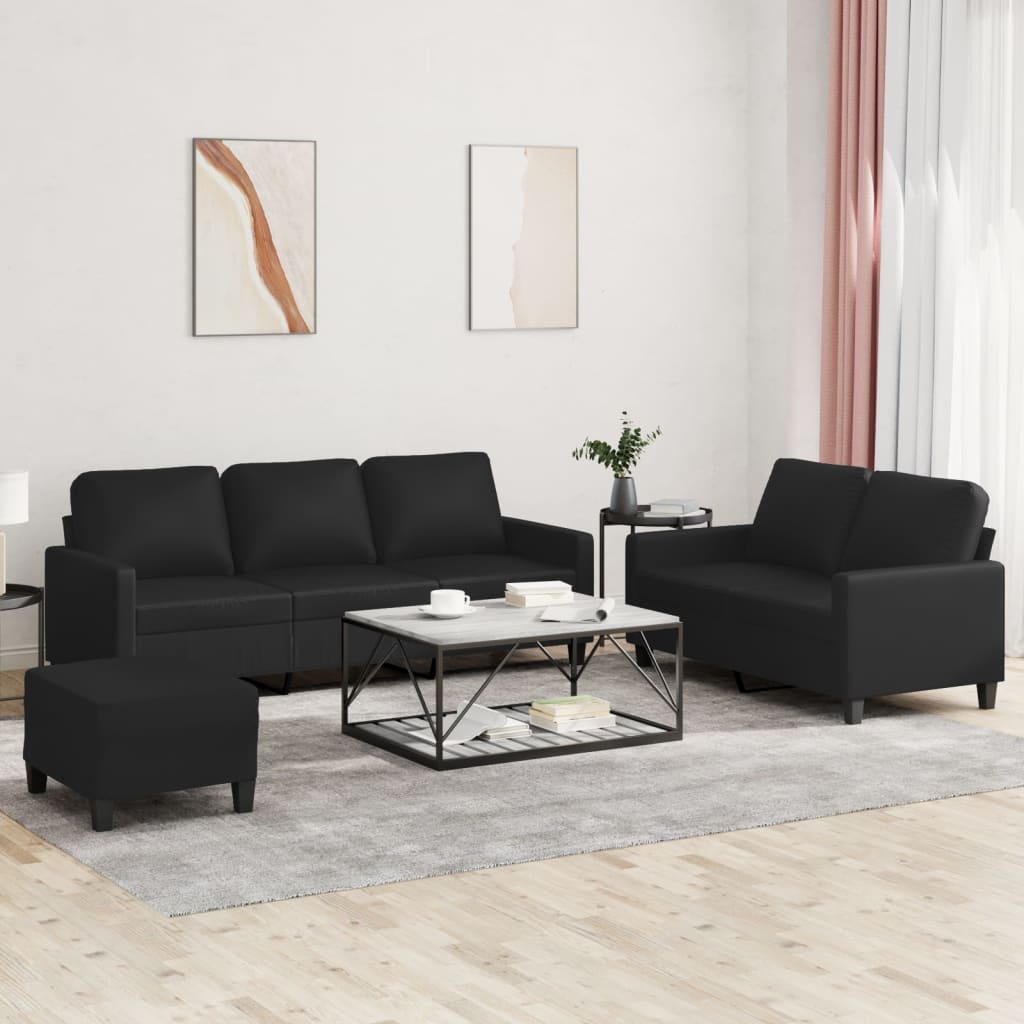 Sofos komplektas su pagalvėlėmis, 3 dalių, juodas, dirbtinė oda