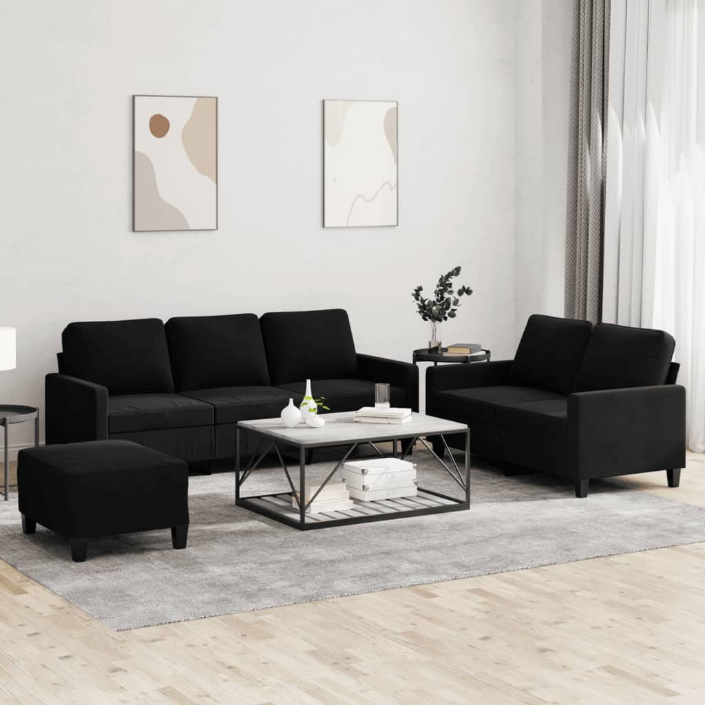 Sofos komplektas su pagalvėlėmis, 3 dalių, juodas, aksomas