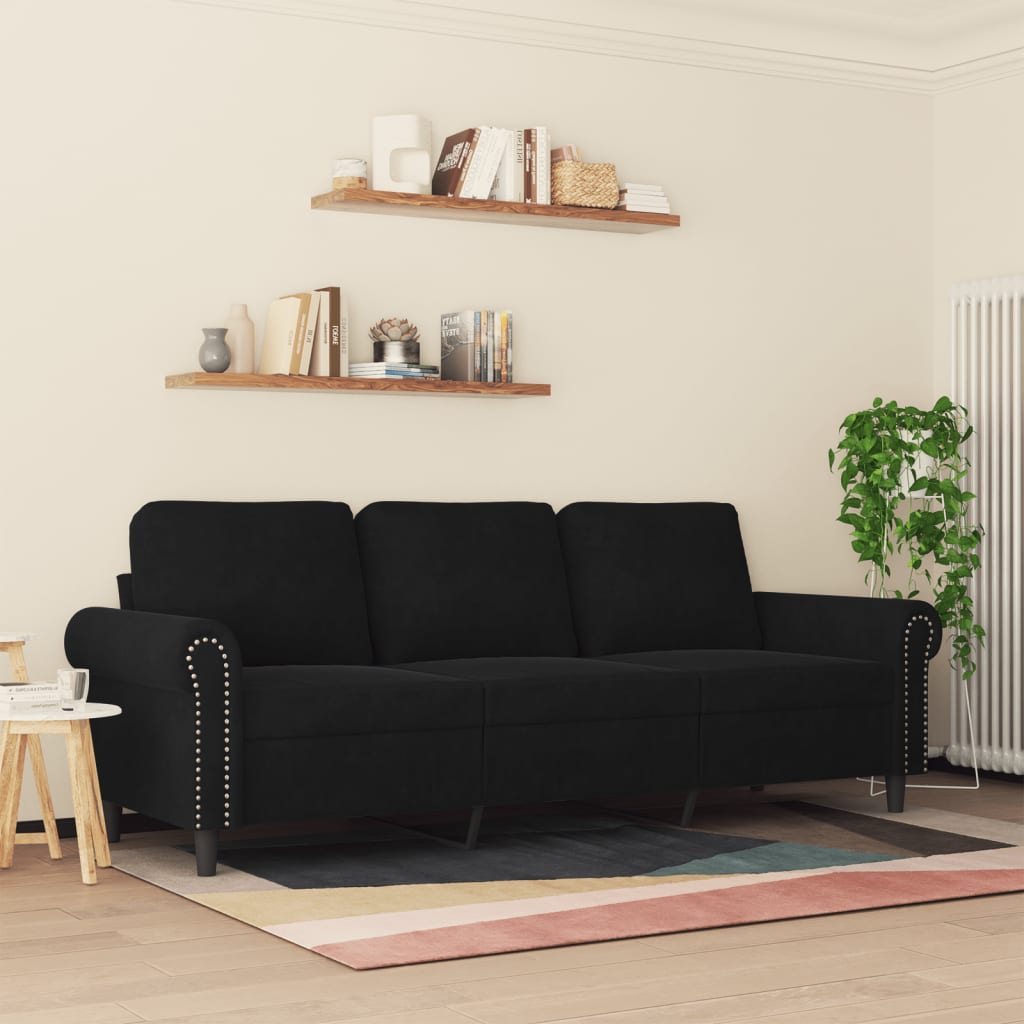 Trivietė sofa, juodos spalvos, 180cm, aksomas