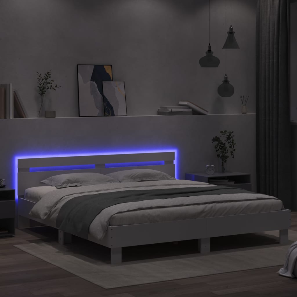 Lovos rėmas su galvūgaliu ir LED, baltos spalvos, 200x200cm