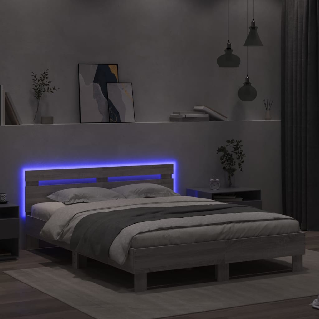 Lovos rėmas su galvūgaliu ir LED, pilkas ąžuolo, 150x200cm