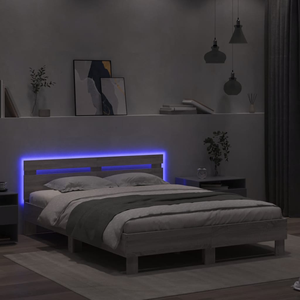 Lovos rėmas su galvūgaliu ir LED, pilkas ąžuolo, 140x200cm