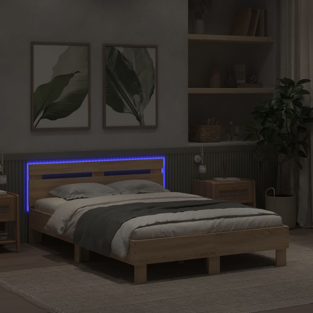 Lovos rėmas su galvūgaliu ir LED, sonoma ąžuolo, 135x190cm