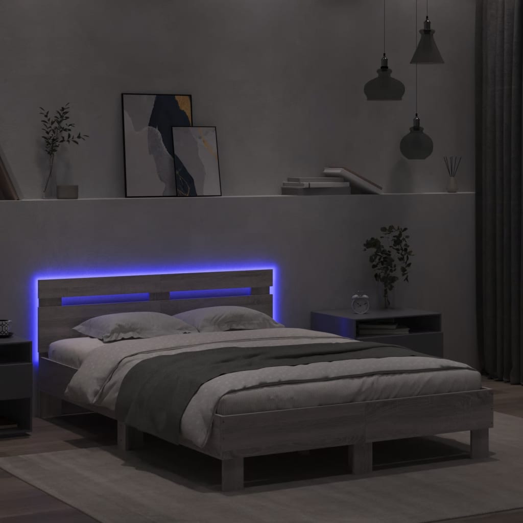 Lovos rėmas su galvūgaliu ir LED, pilkas ąžuolo, 120x190cm