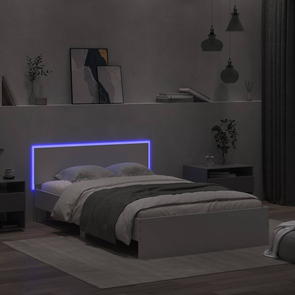 Lovos rėmas su galvūgaliu ir LED, baltos spalvos, 140x200cm