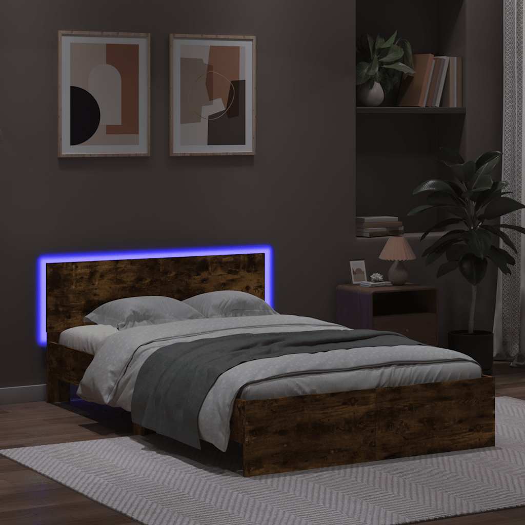 Lovos rėmas su galvūgaliu ir LED, dūminio ąžuolo, 120x200cm