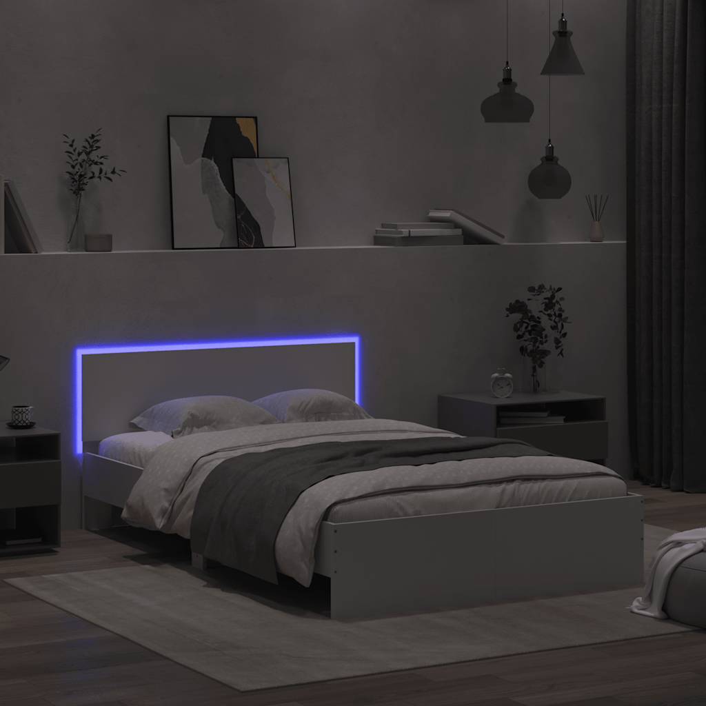 Lovos rėmas su galvūgaliu ir LED, baltos spalvos, 140x190cm