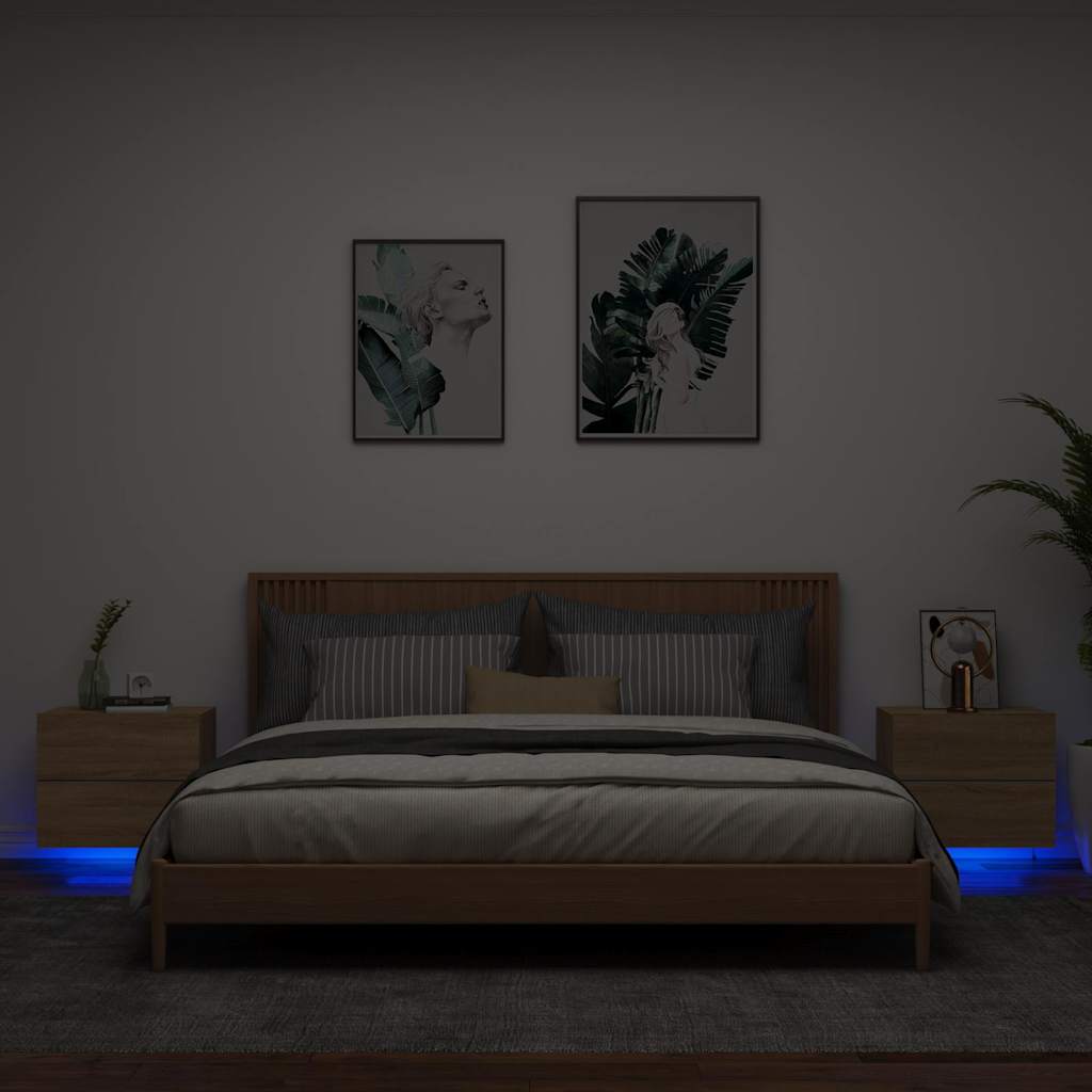 Sieninės naktinės spintelės su LED, 2vnt., ąžuolo