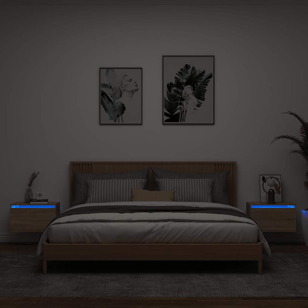 Sieninės naktinės spintelės su LED, 2vnt., ąžuolo