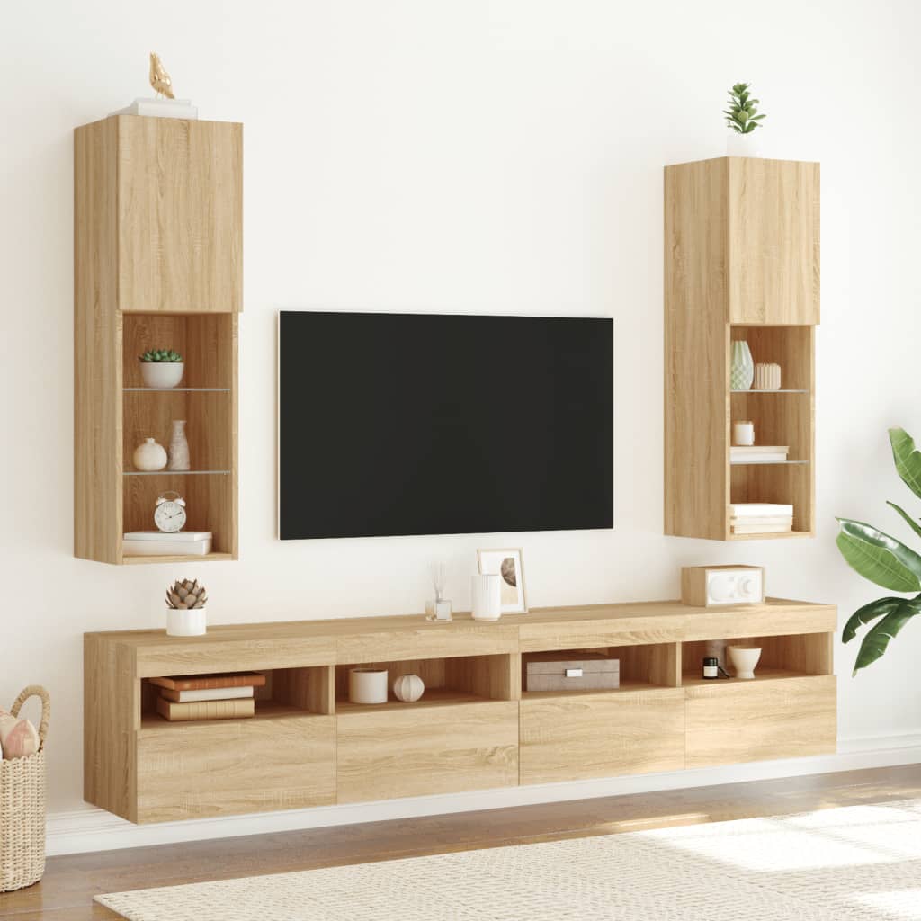 TV spintelės su LED lemputėmis, 2vnt., ąžuolo, 30,5x30x102cm