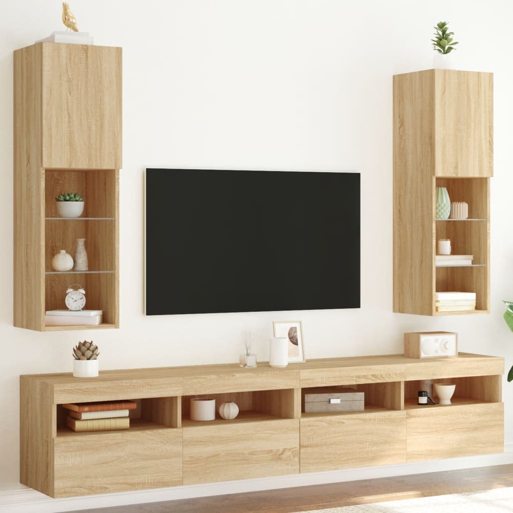 TV spintelės su LED lemputėmis, 2vnt., ąžuolo, 30,5x30x102cm