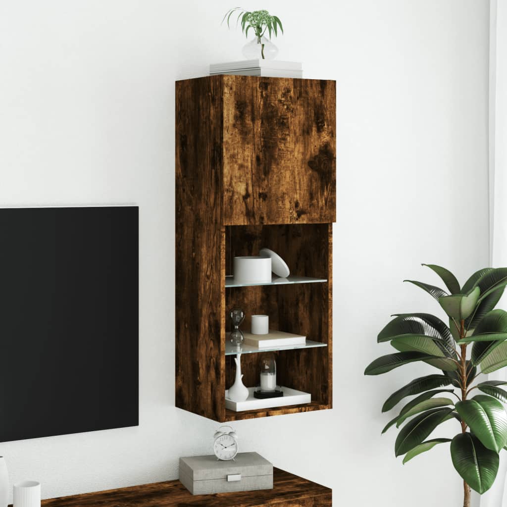TV spintelė su LED lemputėmis, dūminio ąžuolo, 40,5x30x102cm