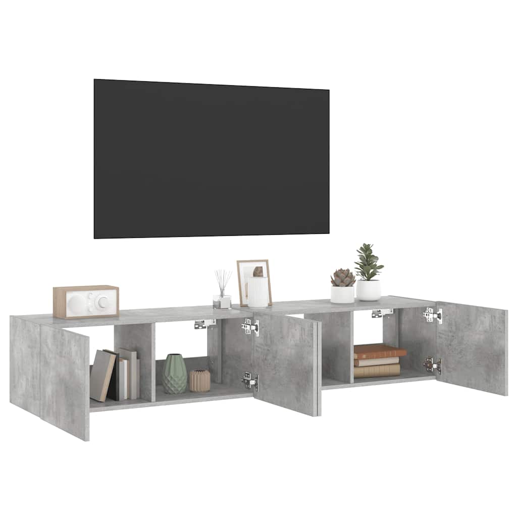 Sieninės TV spintelės su LED, 2vnt., betono pilkos, 80x35x31cm
