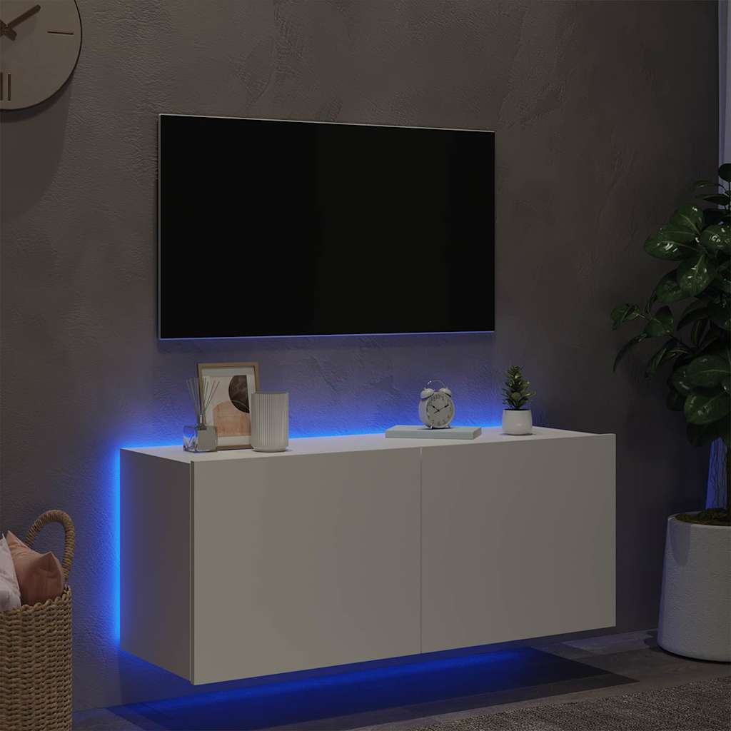 Sieninė TV spintelė su LED lemputėmis, balta, 100x35x41cm