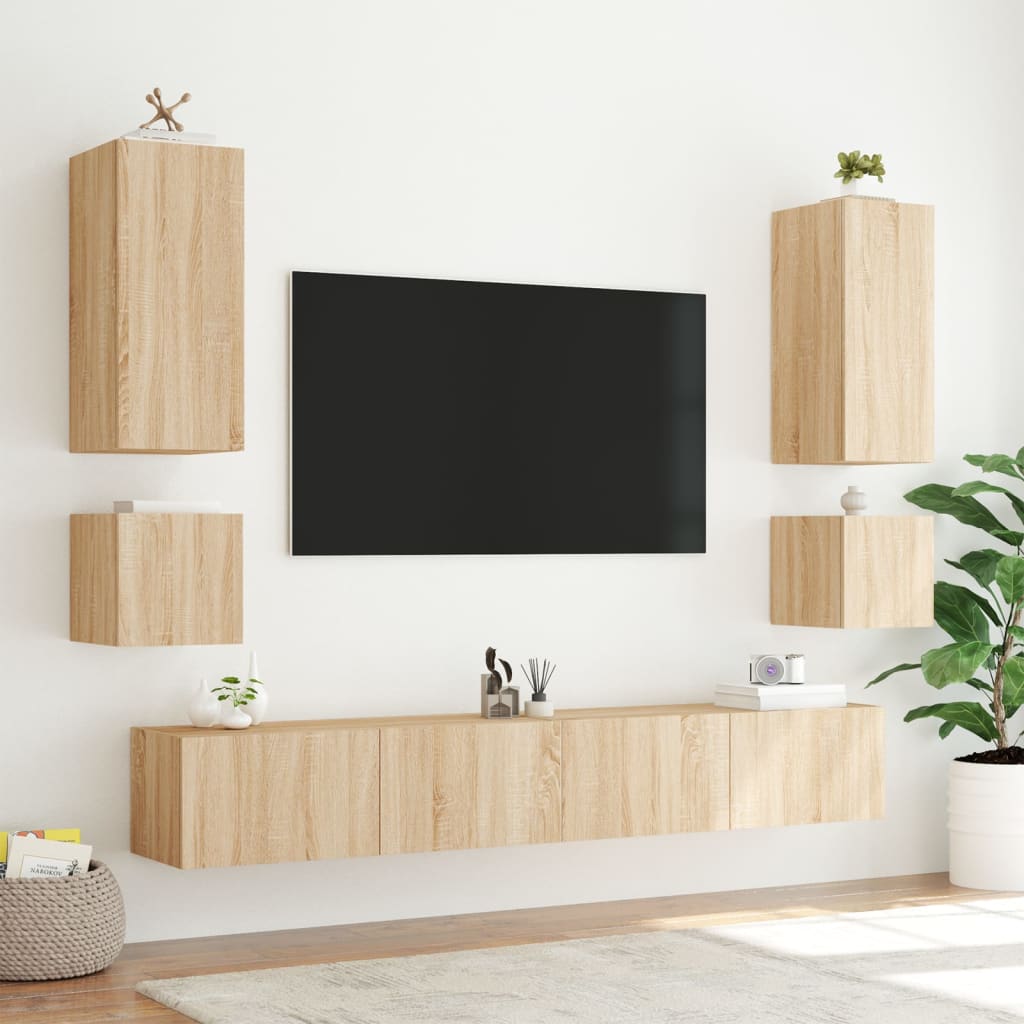 Sieninė TV spintelė su LED lemputėmis, ąžuolo, 100x35x41cm