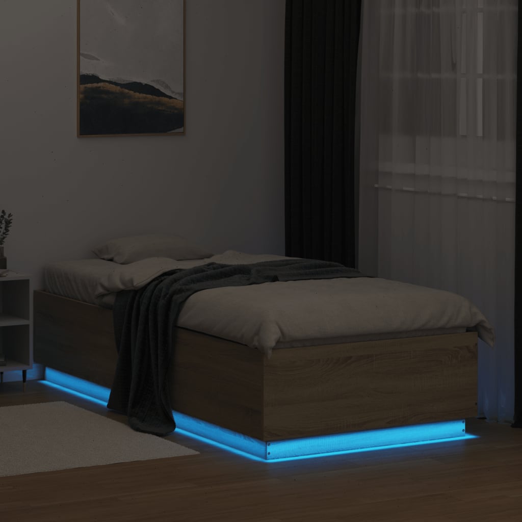 Lovos rėmas su LED, ąžuolo, 90x200cm, apdirbta mediena