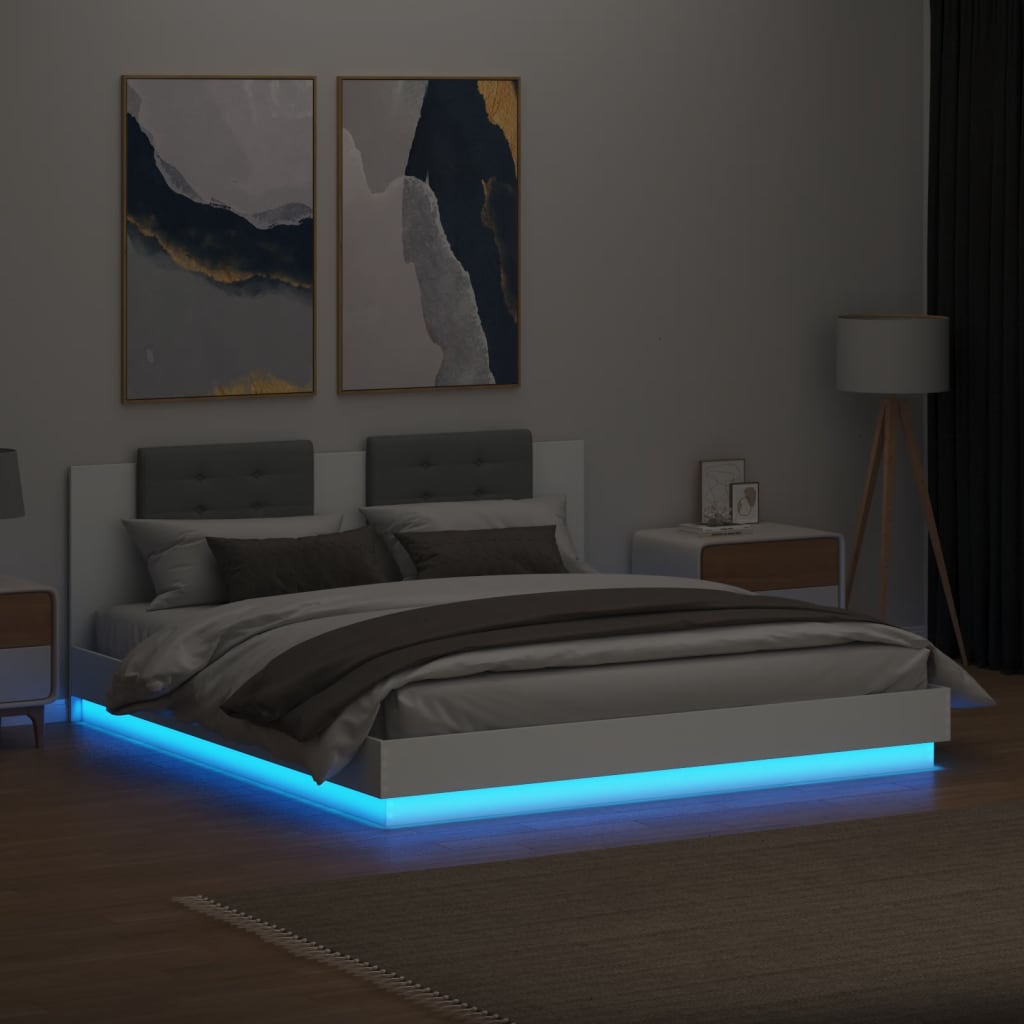 Lovos rėmas su galvūgaliu ir LED, baltos spalvos, 160x200cm
