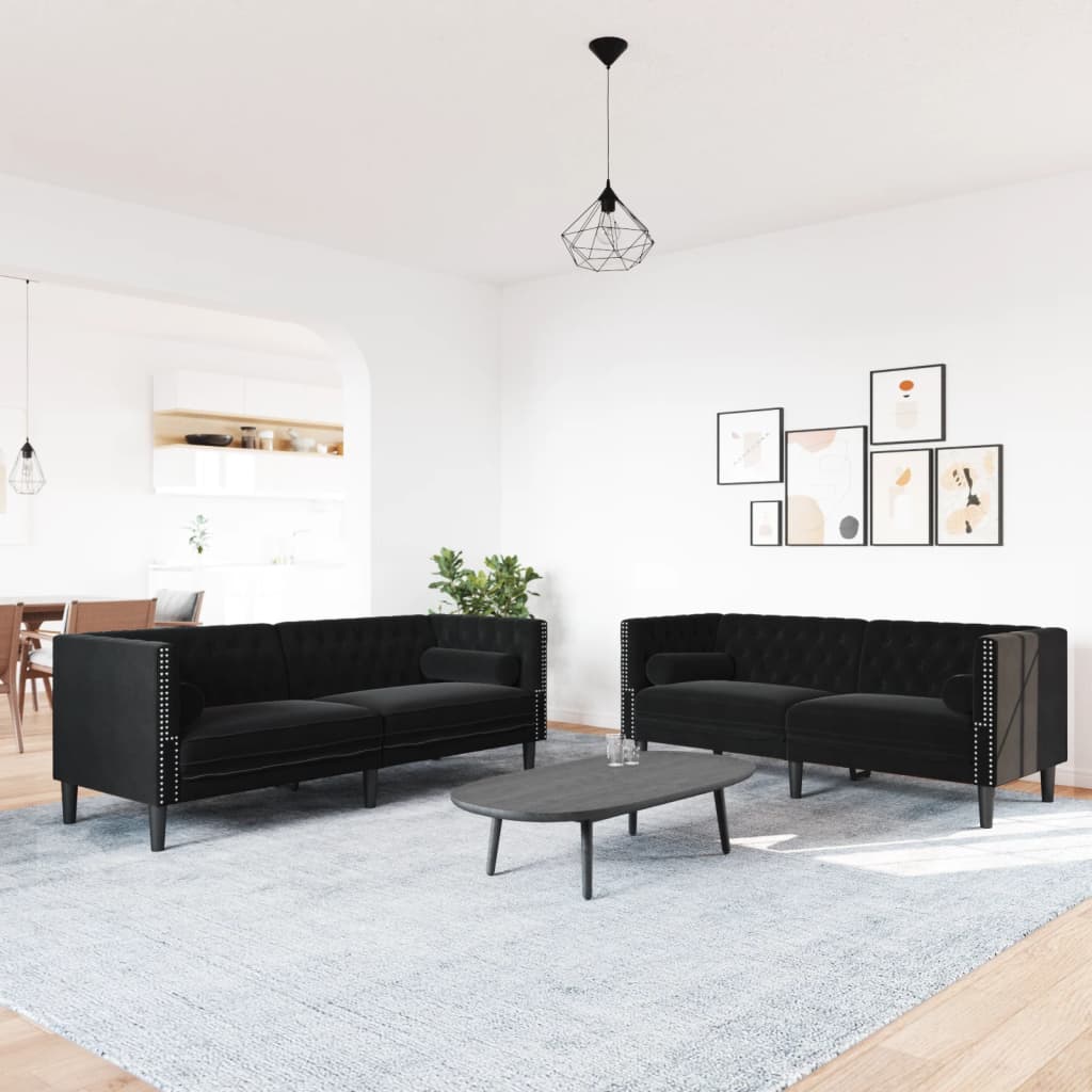 Chesterfield sofų komplektas su pagalvėlėmis, 2 dalių, juoda