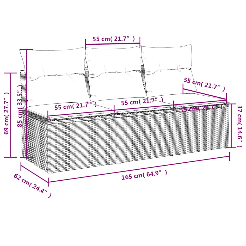 Sodo sofa su pagalvėlėmis, 3 sėdimos vietos, juodas, polirotangas