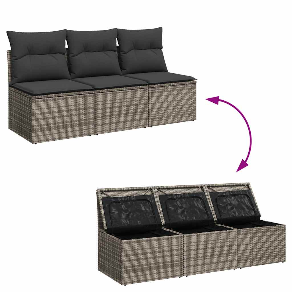 Trivietė sodo sofa su pagalvėlėmis, pilkos spalvos, poliratanas