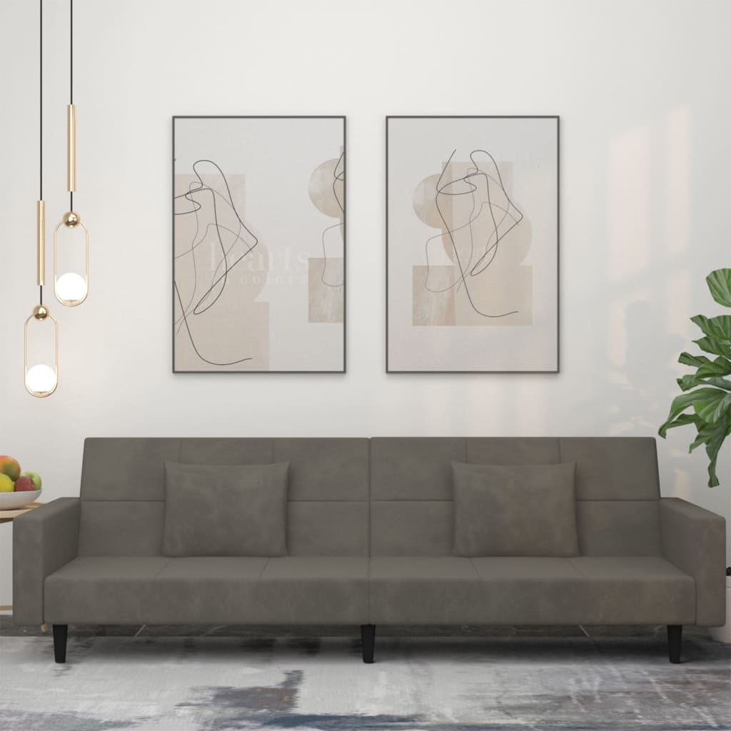 Dvivietė sofa-lova su dvejomis pagalvėmis, pilka, aksomas