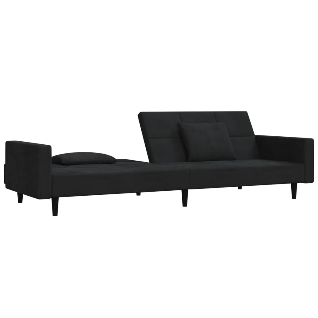 Dvivietė sofa-lova su dvejomis pagalvėmis, juoda, aksomas