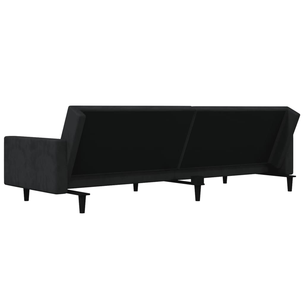 Dvivietė sofa-lova su dvejomis pagalvėmis, juoda, aksomas