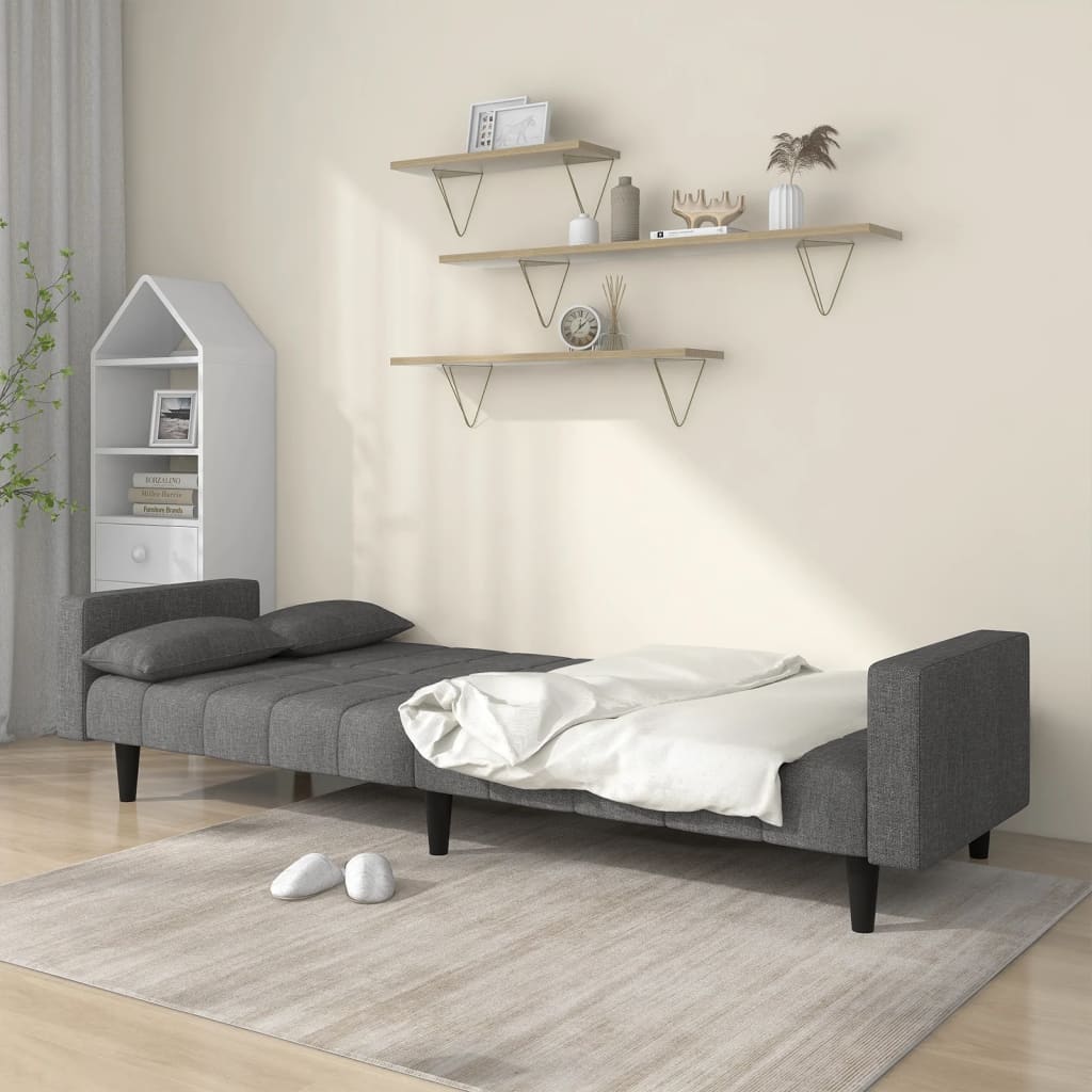 Dvivietė sofa-lova su dvejomis pagalvėmis, pilka, audinys