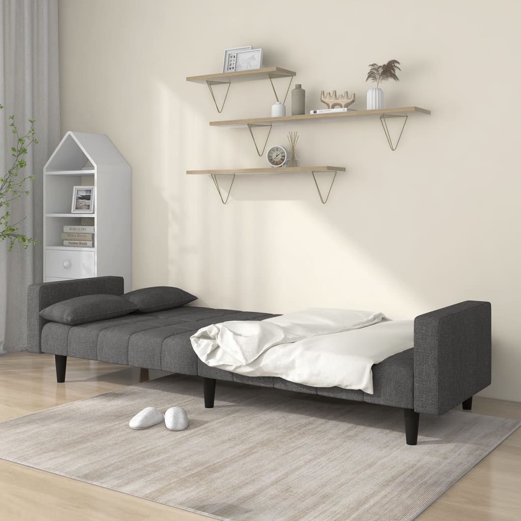 Dvivietė sofa-lova su dvejomis pagalvėmis, pilka, audinys
