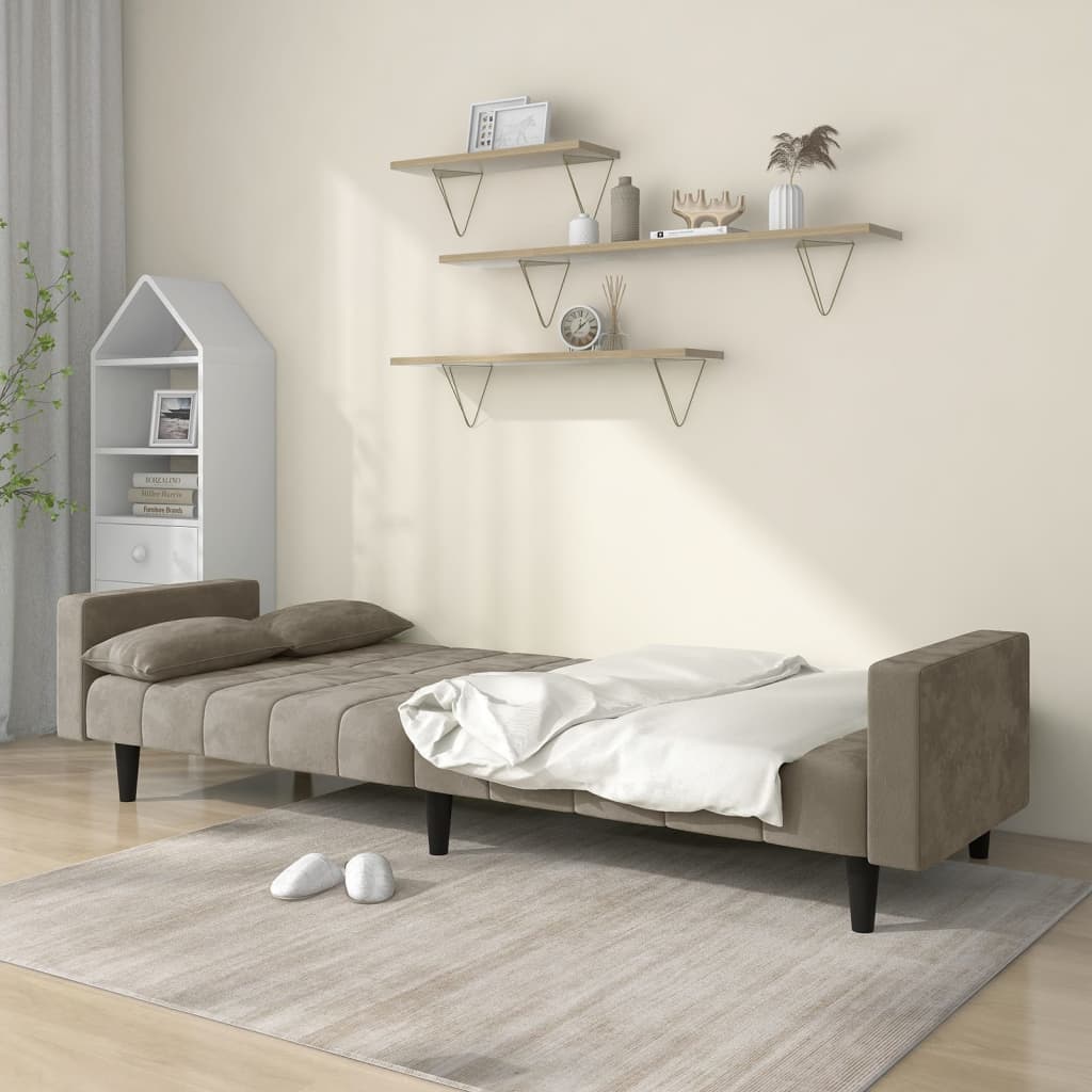 Dvivietė sofa-lova su dvejomis pagalvėmis, pilka, aksomas