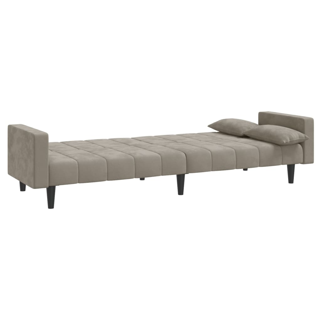 Dvivietė sofa-lova su dvejomis pagalvėmis, pilka, aksomas