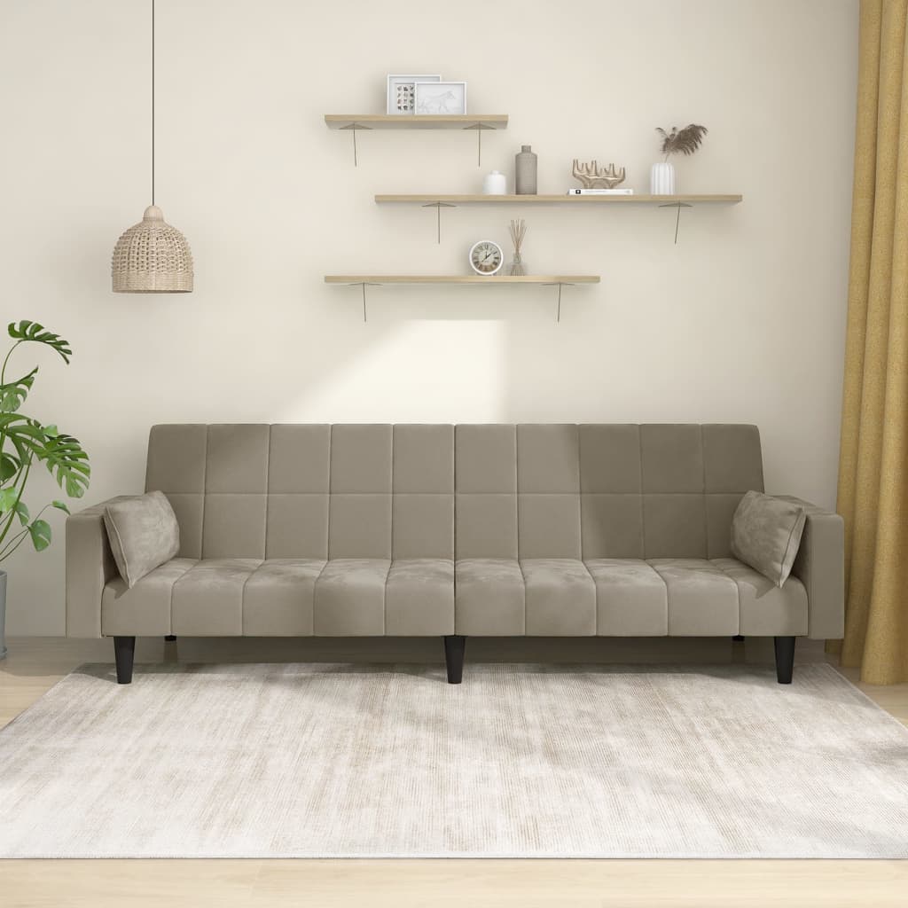 Dvivietė sofa-lova su dvejomis pagalvėmis, pilka, aksomas