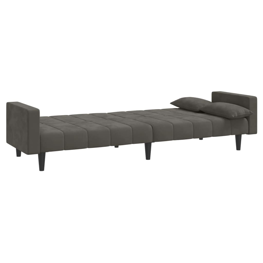 Dvivietė sofa-lova su dvejomis pagalvėmis, pilka, aksomas