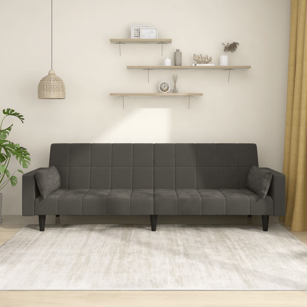 Dvivietė sofa-lova su dvejomis pagalvėmis, pilka, aksomas