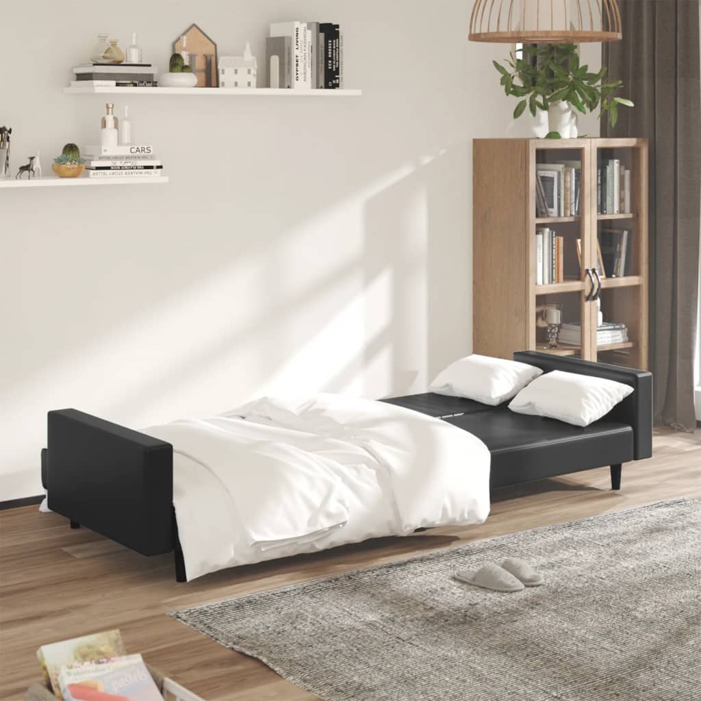 Dvivietė sofa-lova, juodos spalvos, dirbtinė oda