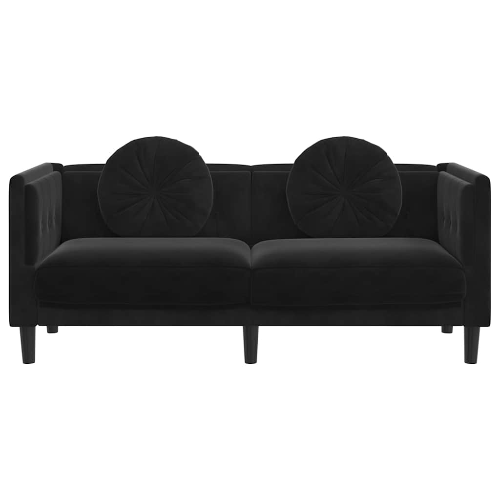 Dvivietė sofa su pagalvėlėmis, juodos spalvos, aksomas