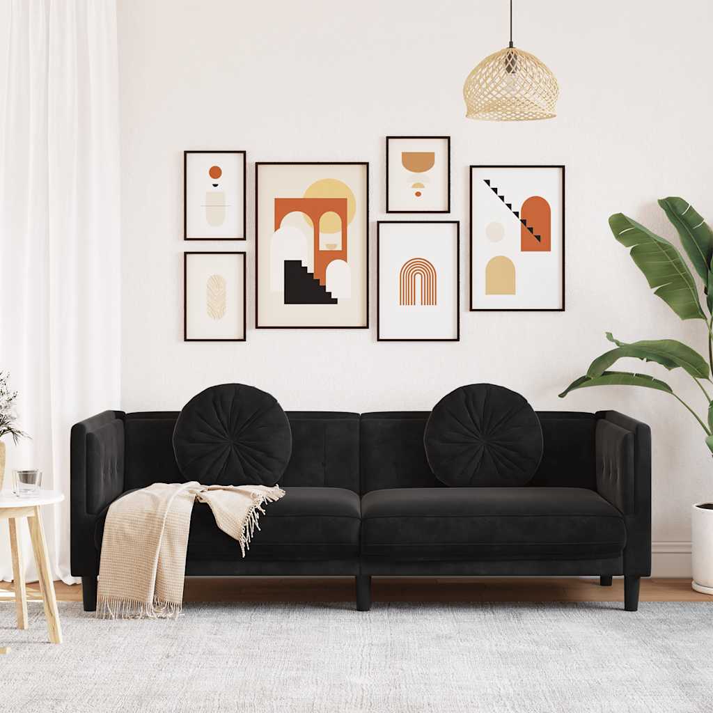 Trivietė sofa su pagalvėlėmis, juodos spalvos, aksomas