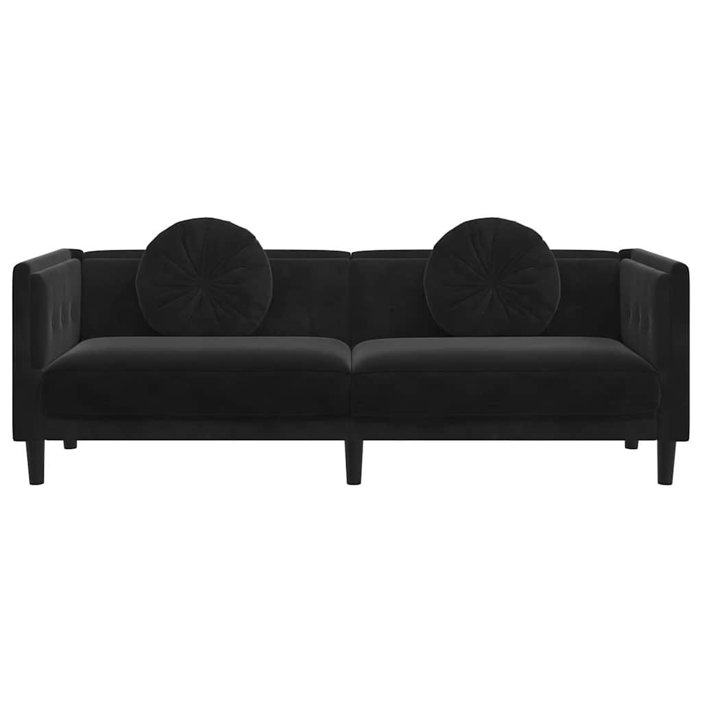 Trivietė sofa su pagalvėlėmis, juodos spalvos, aksomas