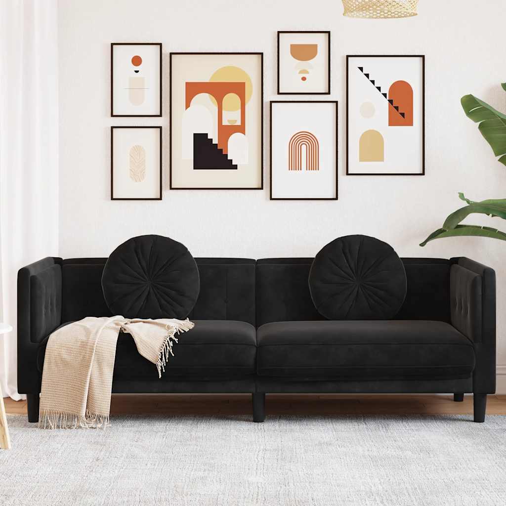 Trivietė sofa su pagalvėlėmis, juodos spalvos, aksomas