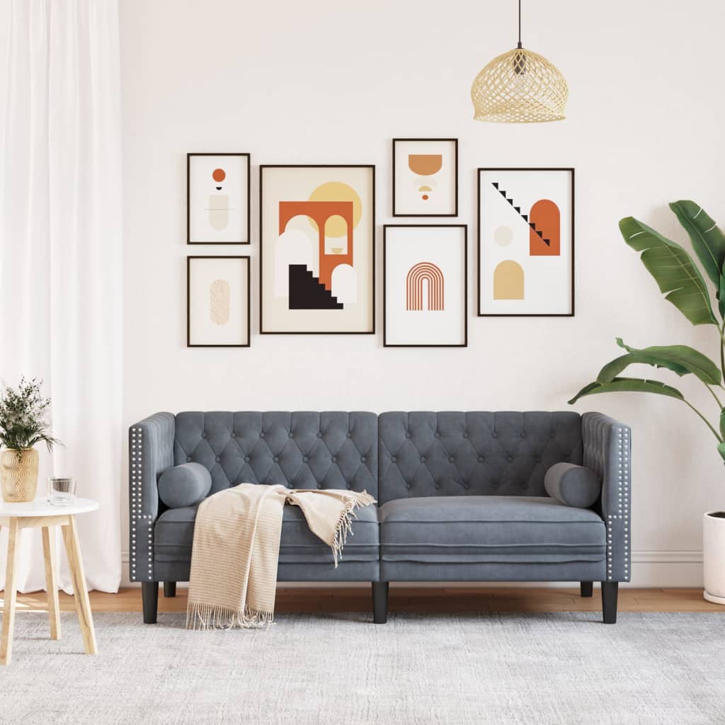 Dvivietė chesterfield sofa su pagalvėlėmis, pilka, aksomas