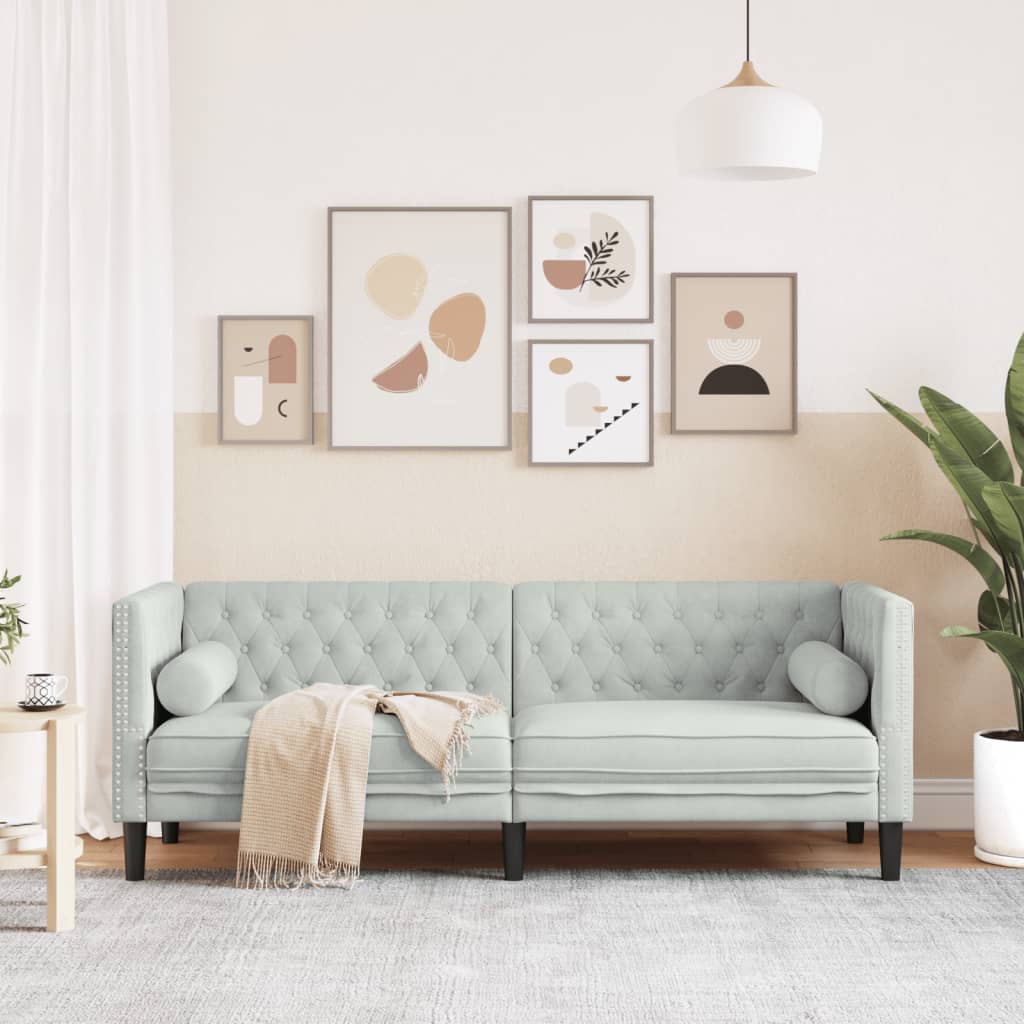 Trivietė chesterfield sofa su pagalvėlėmis, pilka, aksomas
